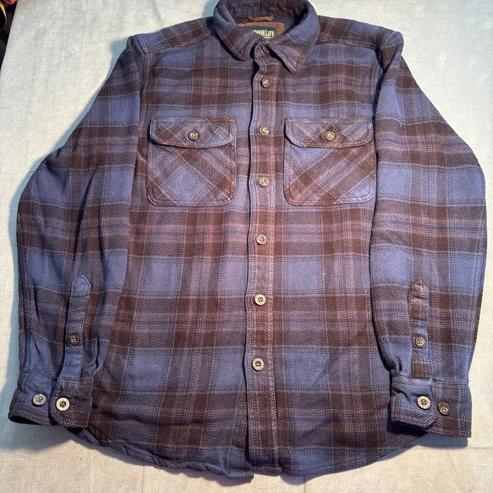 Outdoor Life Mens Small Blue Brown Plaid Flannel Button Down Shirt Long Sleeve